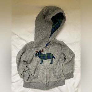 Carter’s 9 month grey and blue plaid fleecy jacket with hood and moose
